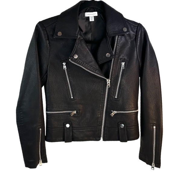 TOPSHOP Fred Faux Leather Biker Jacket Size: 4P Color: Black - Picture 4 of 16